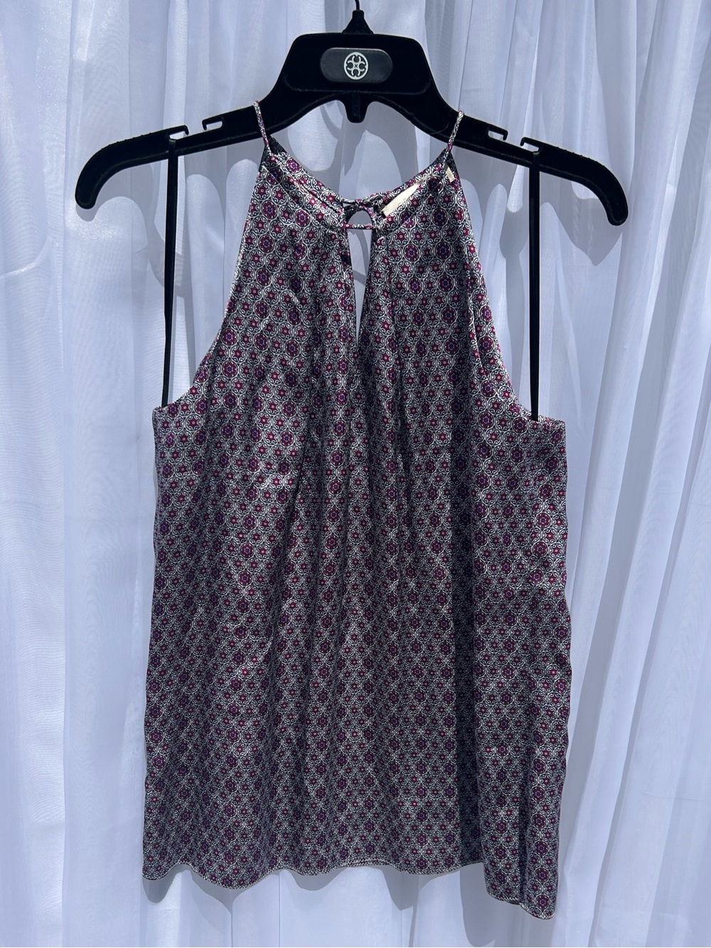 Etcetera - 100% Silk Geometric Purple and Blue Floral Halter Camisole